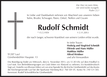Traueranzeige von Rudolf Schmidt von Pegnitz-Zeitung